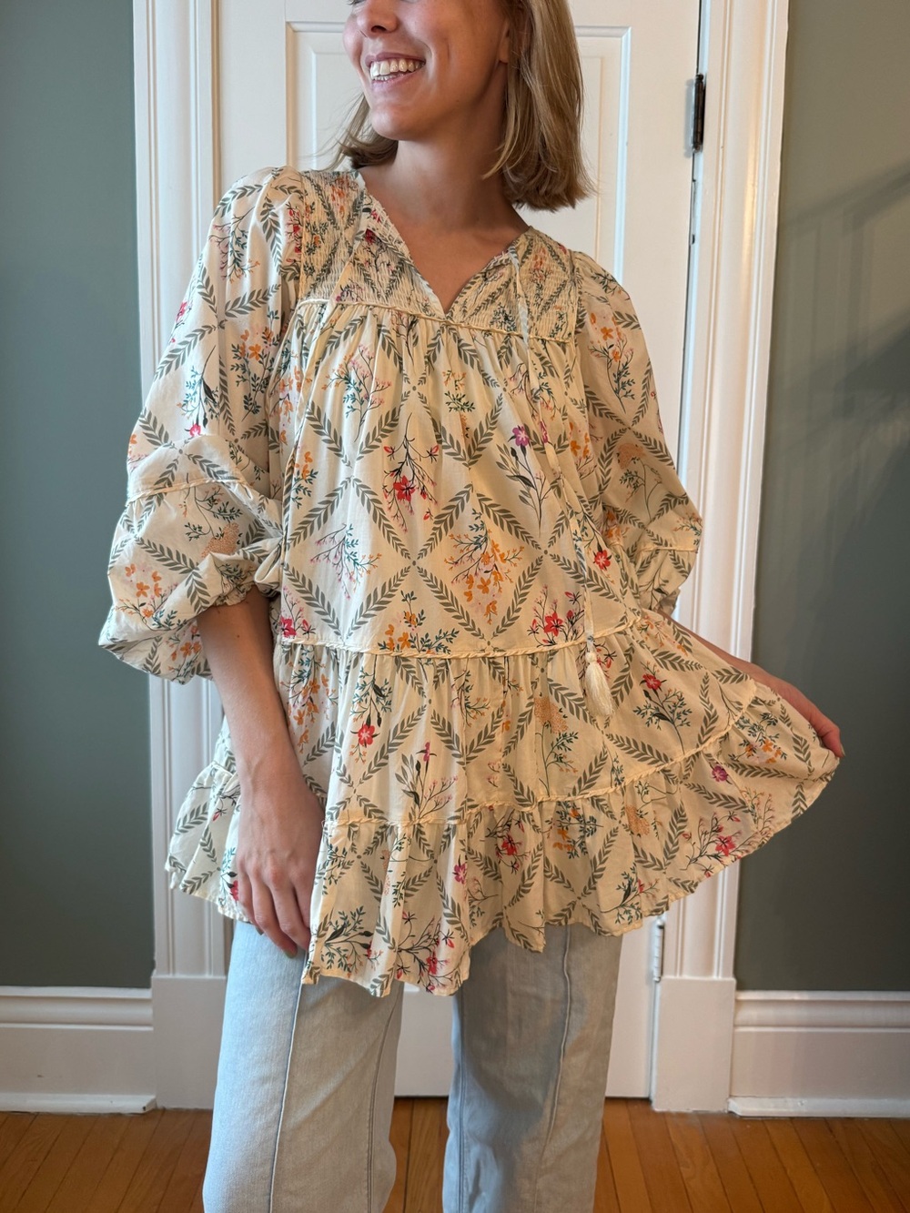 TALULAH Cream Floral Tiered Tunic Blouse - Picture 2 of 6